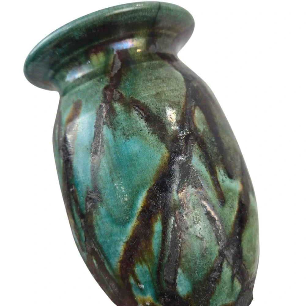 Vtg 1995 Studio Art Pottery Vase Peacock Green Lava Raku Glaze  Signed 7